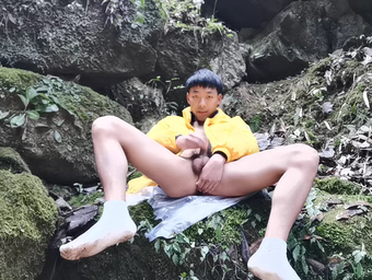 Asian boy masturbates solo in uncut reality, cumming hard in the woods