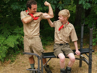 Horny Scoutleader disrobes and bangs greasy blonde man in the forest