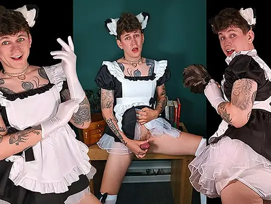 Watch as a shy and cute maid boy tattoos himself and gets naughty with you