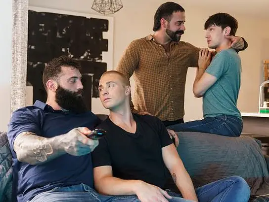Stepdads caught their nubile fellows fondling & join for molten four way with wolf hairy man & his draped step-father