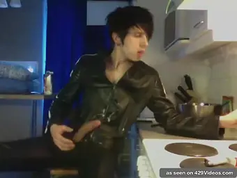 Goth bf jerking in the kitchen